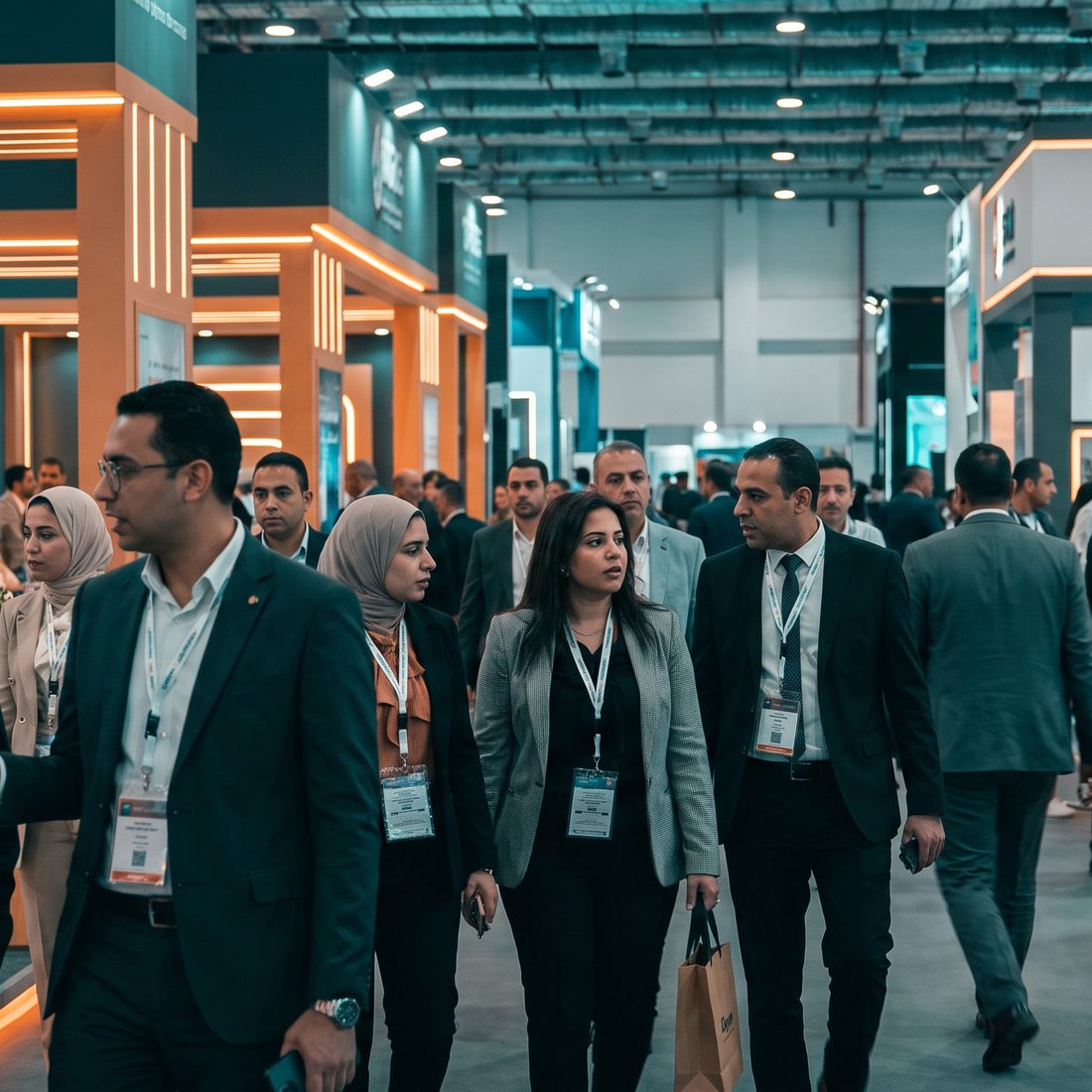 Visitors walking the aisles of an exhibition hall