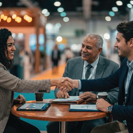 Exhibitor and buyers shaking hands at a meeting on an exhibition stand