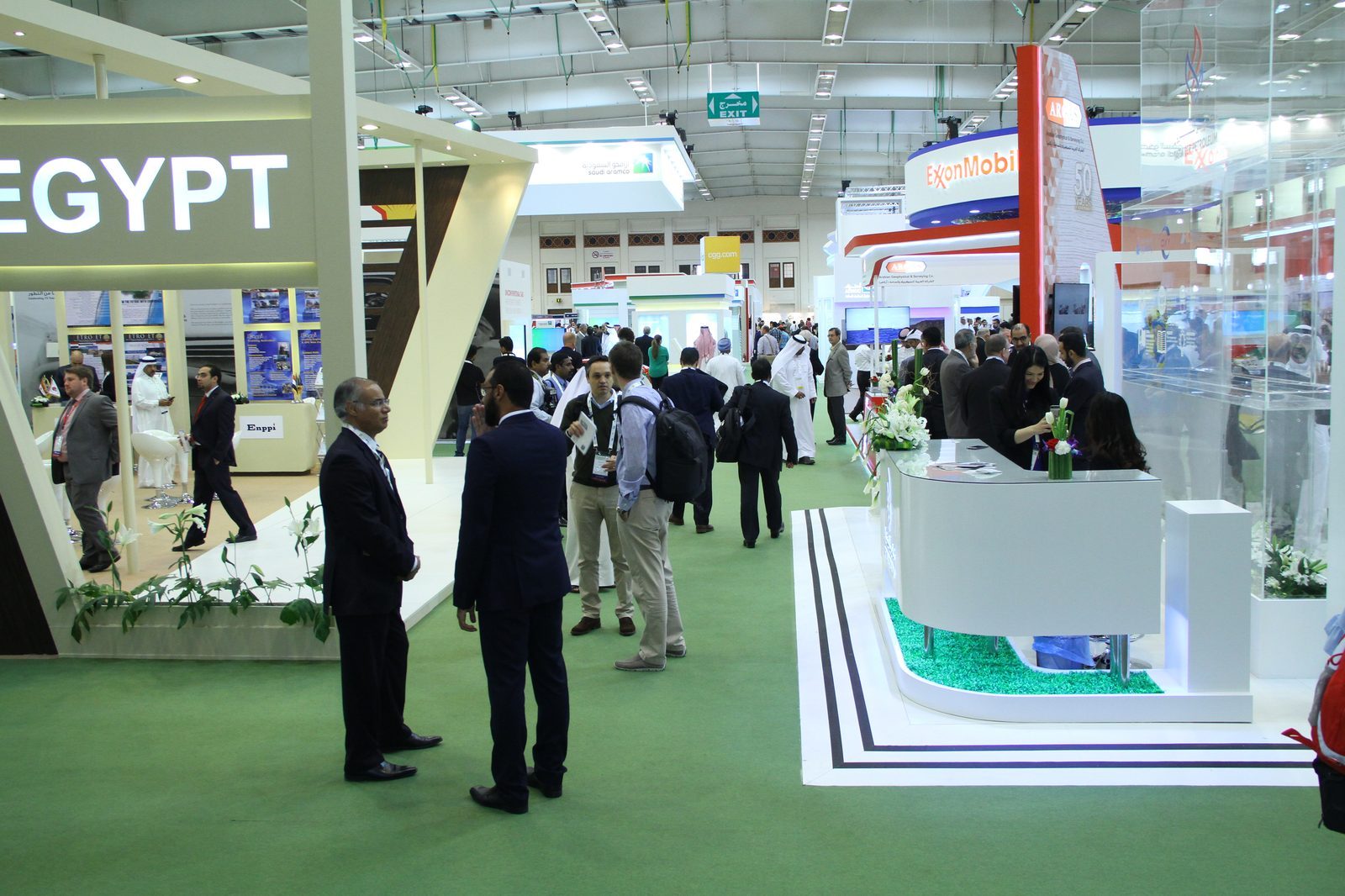 Busy show-floor aisle beside the Egyptian pavilion