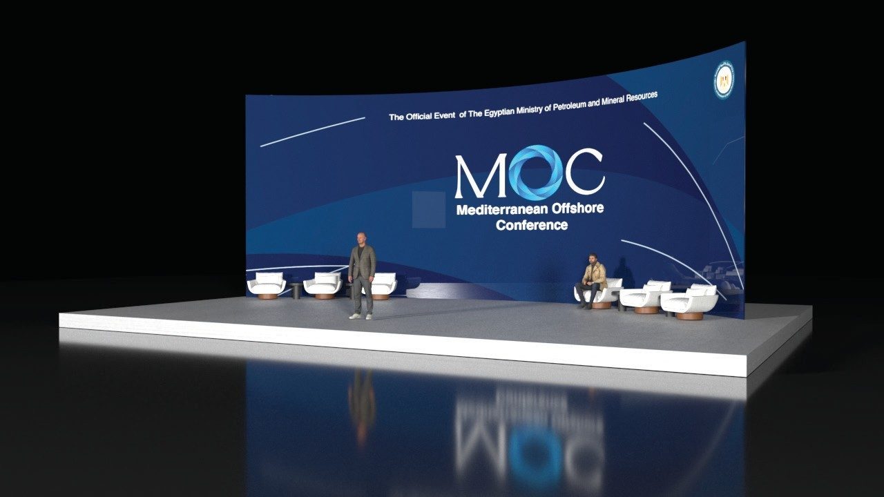3D design render of the main stage and curved LED wall